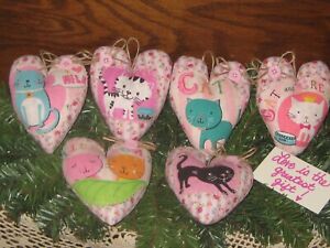 6 Pink Cat Appliqued Hearts Bowl Fillers Tree Ornaments Handmade Valentine Gift