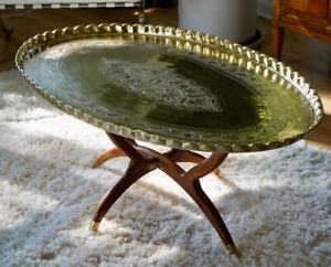 Mid Century Moroccan Etched Brass Oval Coffee Table On Teak Spider Legs
