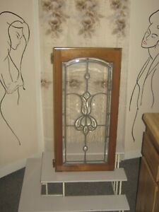 Vintage Antique Wood Frame Leaded Beveled Tulip Glass Cabinet Case Door Window