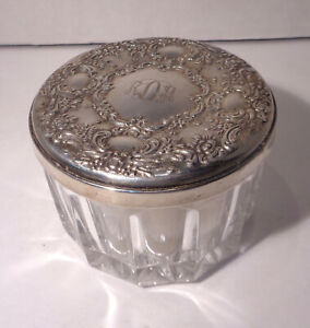 Vintage Pressed Powder 2 Jar With Towle Sterling Silver Lid With Scroll Design