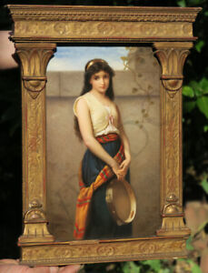 Antique Porcelain Plaque Kpm Berlin Art Nouveau Gypsy Tambourine Gilt Wood Frame