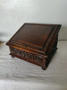 Antique 17th C Profusely Carved Bible Writing Slope Box Of Small Proportions