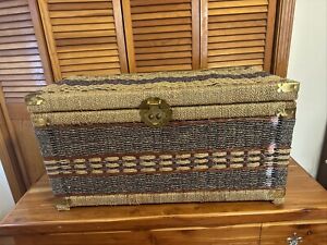 1970s Chinoiserie Handwoven Wicker Trunk Or Blanket Chest With Brass Hardware