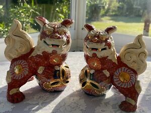 Vintage Kutani Artceramic Set 2 Foo Dogs Chinese Guardian Lions Statue Gold Home