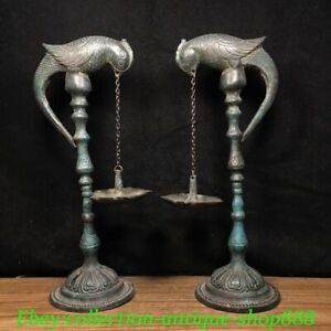 Old China Dynasty Bronze Parrot Bird Candle Holder Candlestick Oil Lamp Pair