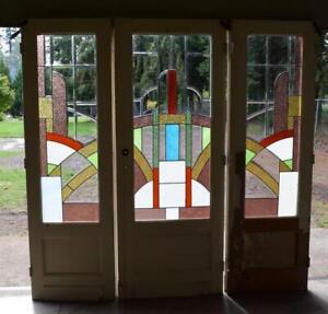 Set Of 3 Vintage Art Deco French Stained Glass Doors With Transom Beveled Glass