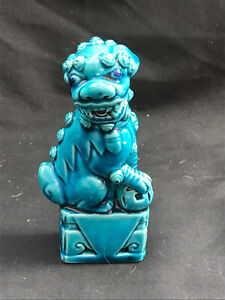 Chinese Turquoise Glazed Ceramic Foo Dog Sculpture 13cm With Rattle