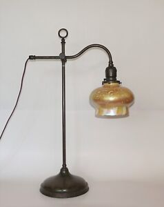 Antique Brass Lamp Quezal Shade Oc White Faries Tiffany Handel Miller Era 