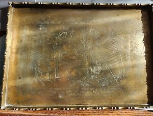 Antique Vintage Chinese Brass Serving Tray With Ornate Etchings Rectangle Shape