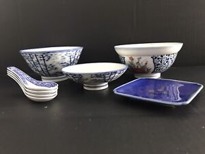 White Blue Red Asian Rice Bowls And 4 Blue Rice Grain Transparent Soup Spoons
