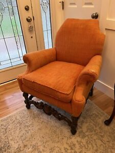Antique Carved Angel Cherub Mahogany Arm Chair Vintage 70s Reupholstered Tudor