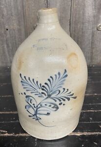 Antique 1900s New York Stoneware Co Fort Edward Ny Floral Decorated Jug Crock 2g