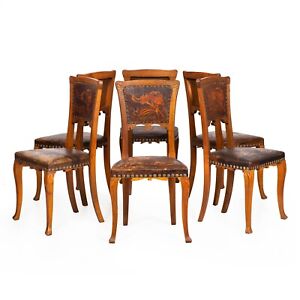 Set Of 6 Antique French Carved Walnut Art Nouveau Leather Dining Chairs