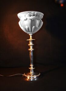 Vintage George V Art Deco C 1920 Silver Plated Table Lamp Handmade Opaline Shade