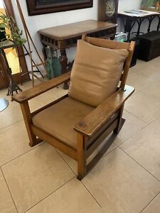 Signed 1902 Stickley Brothers Antique Mission Style Oak Leather Rocker Chair