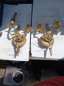 Vintage Pair Of 12 X9 Brass Tone Metal Wall Sconces Mid 20th Hard Wired 