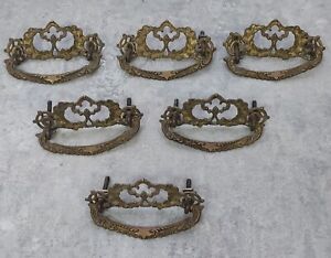 Antique Eastlake Drawer Pulls 3 Bore Gold Brass Set Of 6 Victorian Leaf Swag