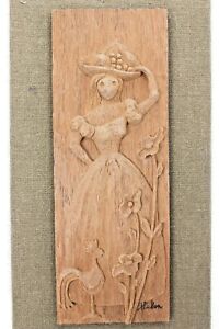 Hand Carved Wood Mid Century Art Plaque Woman Rooster Flower Matted Signed Helen