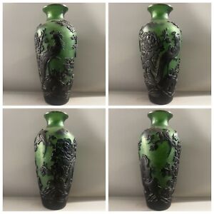 Chinese Old Colored Glaze Carved Exquisite Phoenix Peony Statue Vase Home Decor