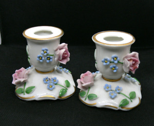 A Pair Of Floral Encrusted Porcelain Candle Holder Foreign Vgc 6cm High