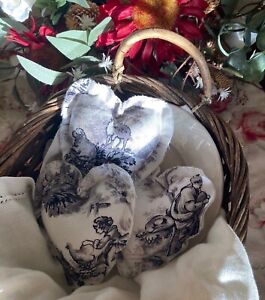 3 Primitive Valentine Heart Bowl Fill French Toile Cottage Shabby Black White