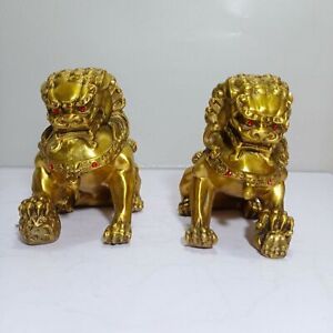 Pair 6 Brass Home Feng Shui Auspicious Door Guard Animal Wealth Foo Dogs Lion
