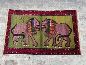 3 X 5 Rare Lion Pictorial Afghan Handmade Rug Art Deco Tribal Carpet