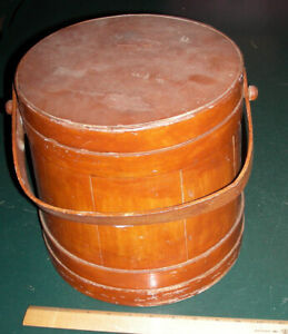 Staved Cedar Wood Bucket Vintage Primitive Mid 20th Century With Lid And Handle
