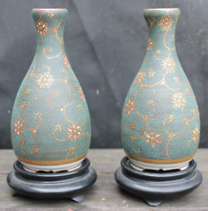 Pair Of Old Antique Japanese Kutani Painted Porcelain Vases Marked On Bottom