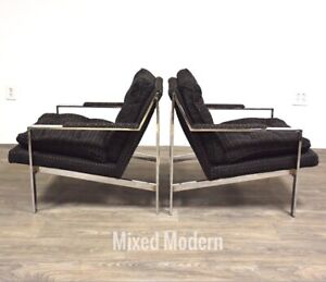 Pair Cy Mann Chrome Lounge Chairs Black Mid Century Modern Milo Baughman Style
