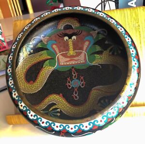 Antique Chinese 8 Cloisonne Enamel Bowl Dragons Flaming Pearl Restored