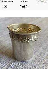Vintage Sterling Silver Shot Glass Repousse Flowers Gold Vermeil