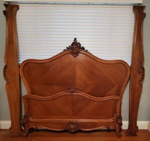 Antique Rococo French Louis Xv Style Carved Wood Double Bed