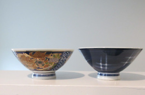 Pair Asian Porcelain Rice Bowls 1 Imari 1 Unmarked Blue Bowl