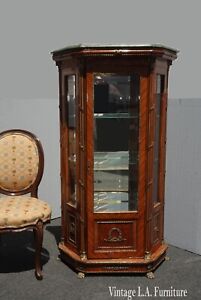 Vintage French Louis Xvi Burl Wood Display Case Curio Cabinet W Brass Marble
