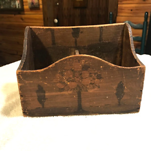 Antique Primitive Open Top Wooden Recipe Box Etched Wood Storage Box
