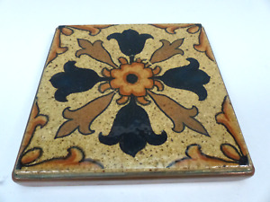 Antique Or Vintage Arts Crafts Pottery Ceramic Tile Trivet With Copper Frame