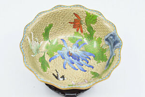 Vintage Chinese Cloisonne Bowl On Wooden Stand 6 5 Inches Wide