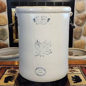 Vintage 15 Monmouth Western Maple Leaf Transition Crock With Handles Circa 1906