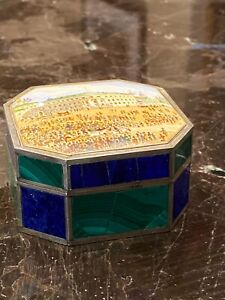 Russian Silver 88 Enamel Painted W Malachite Lapis Lazurite Inlaid Gild Box