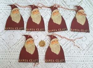 6 Primitive Christmas Santa Claus Fussy Cut Linen Cardstock Gift Hang Tags Ornie