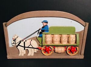 Carved Painted Wood Horse Delivery Wagon Naive Plaque Ohio Pennsylvania C1950
