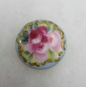 Large 1 1 4 Antique Hand Painted Porcelain Pink Rose Button W Molded Shank