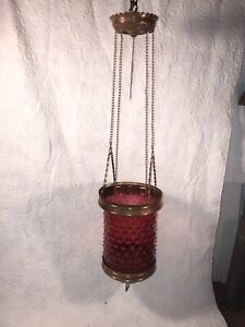 Antique Huge Brass Hobnail Cranberry Glass Pull Down Hanging Oil Lamp Light