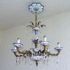 Vintage Bronze And Porcelain 6 Arms Chandelier Capodimonte Style