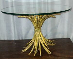 Vtg Mcm Hollywood Regency Wheat Sheaf Side Lamp Table Gilt Metal Mid Century Mod