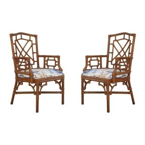 Pair 2 Authentic Lexington Rattan Dining Arm Chairs Chinoiserie Rawhide Fretwork