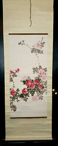 Vintage Chinese Wall Scroll 23 X70 Paper On Paper Roses W Mark