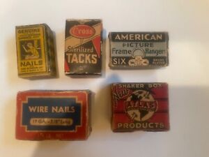 Vintage Lot 5 Small Boxes Tacks Nails Frame Hangers Hardware