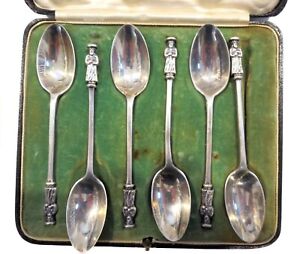 Mappin Webb Sterling Antique Spoons Original Box Figural Monks